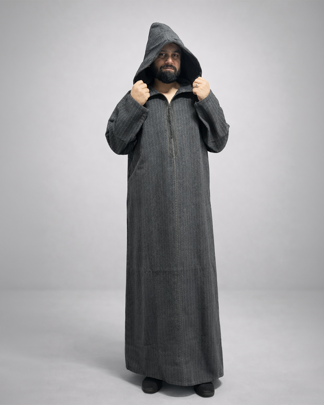 Men’s Moroccan Gray Linen Djellaba – Hooded Islamic Thobe for Eid & Ramadan
