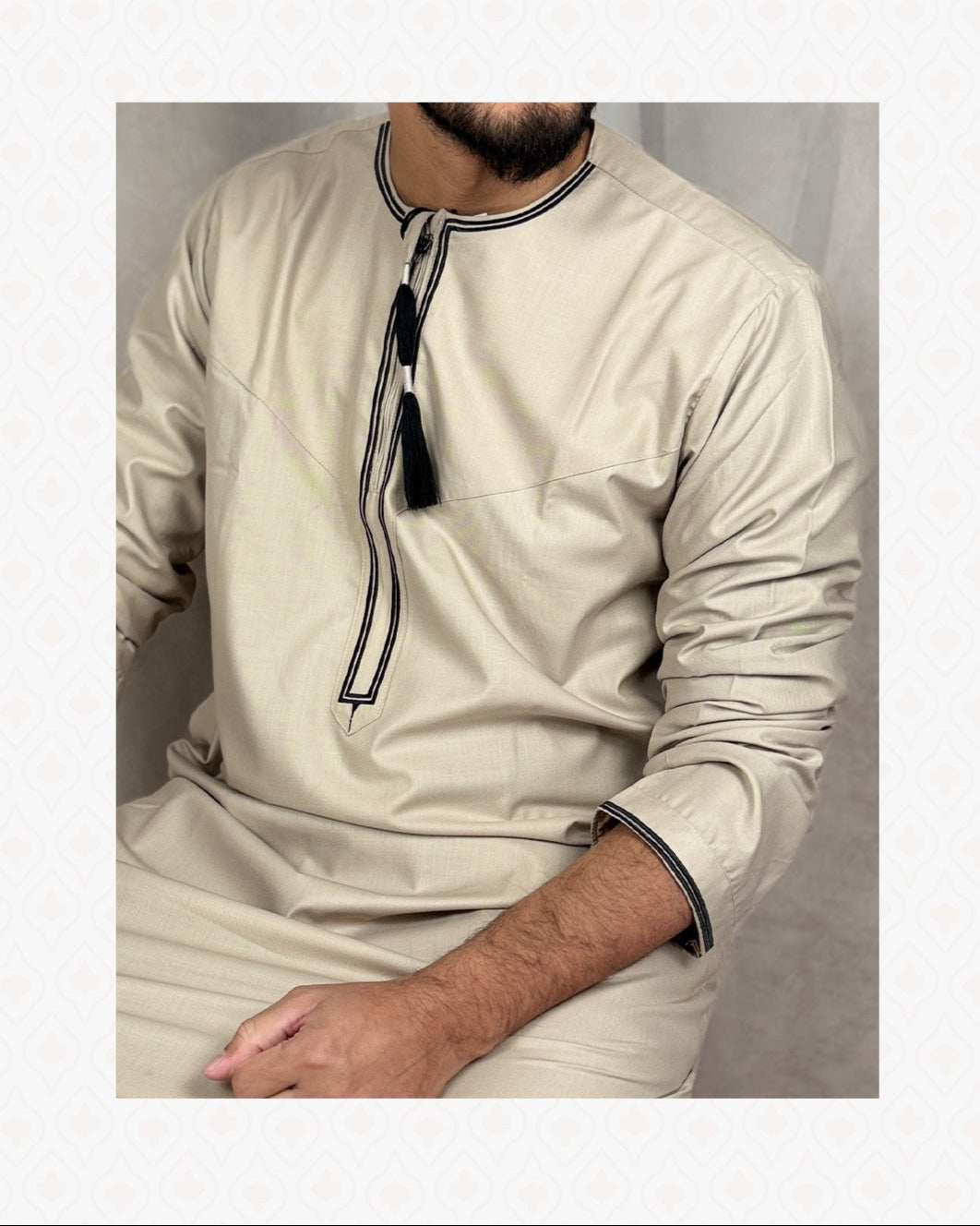 Classic Omani Style Thobe – Beige with Black Tassel