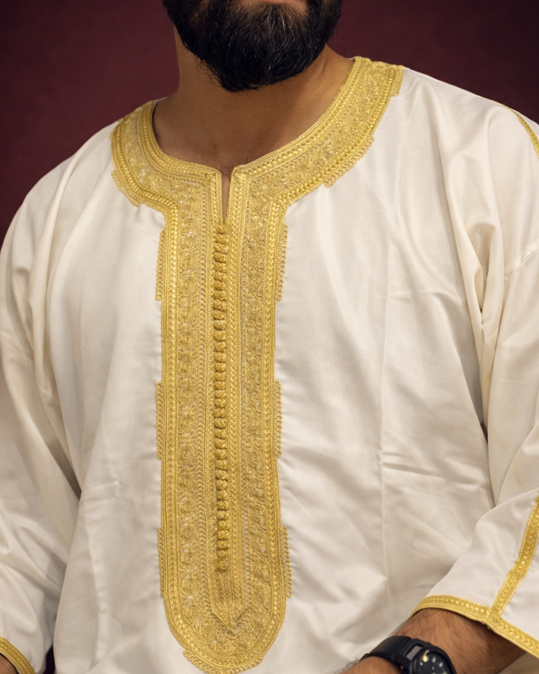 Men’s Moroccan Gandoura White with Gold Embroidery – Premium Gabardine Islamic Thobe for Eid