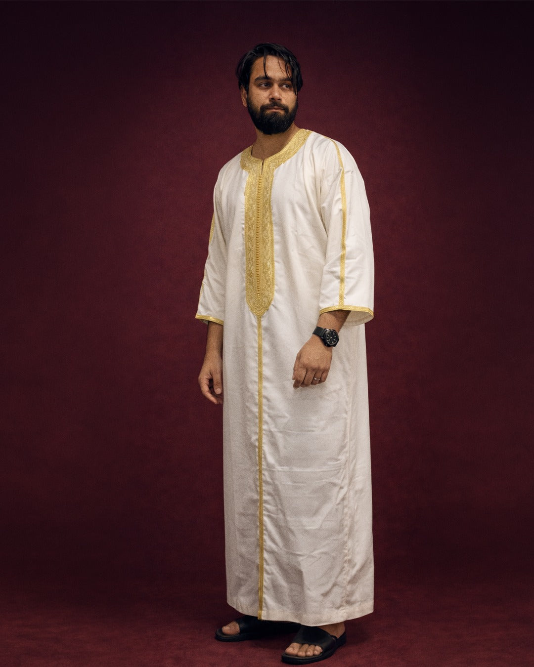 Men’s Moroccan Gandoura White with Gold Embroidery – Premium Gabardine Islamic Thobe for Eid