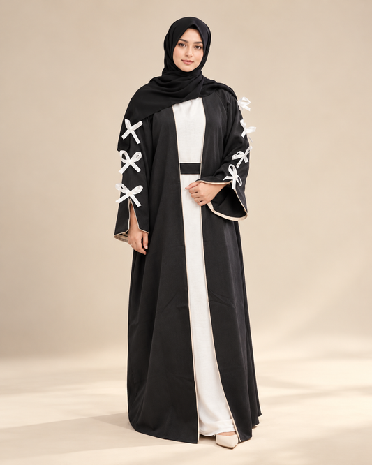 Elegant Black Linen Bow Abaya – Dubai Made