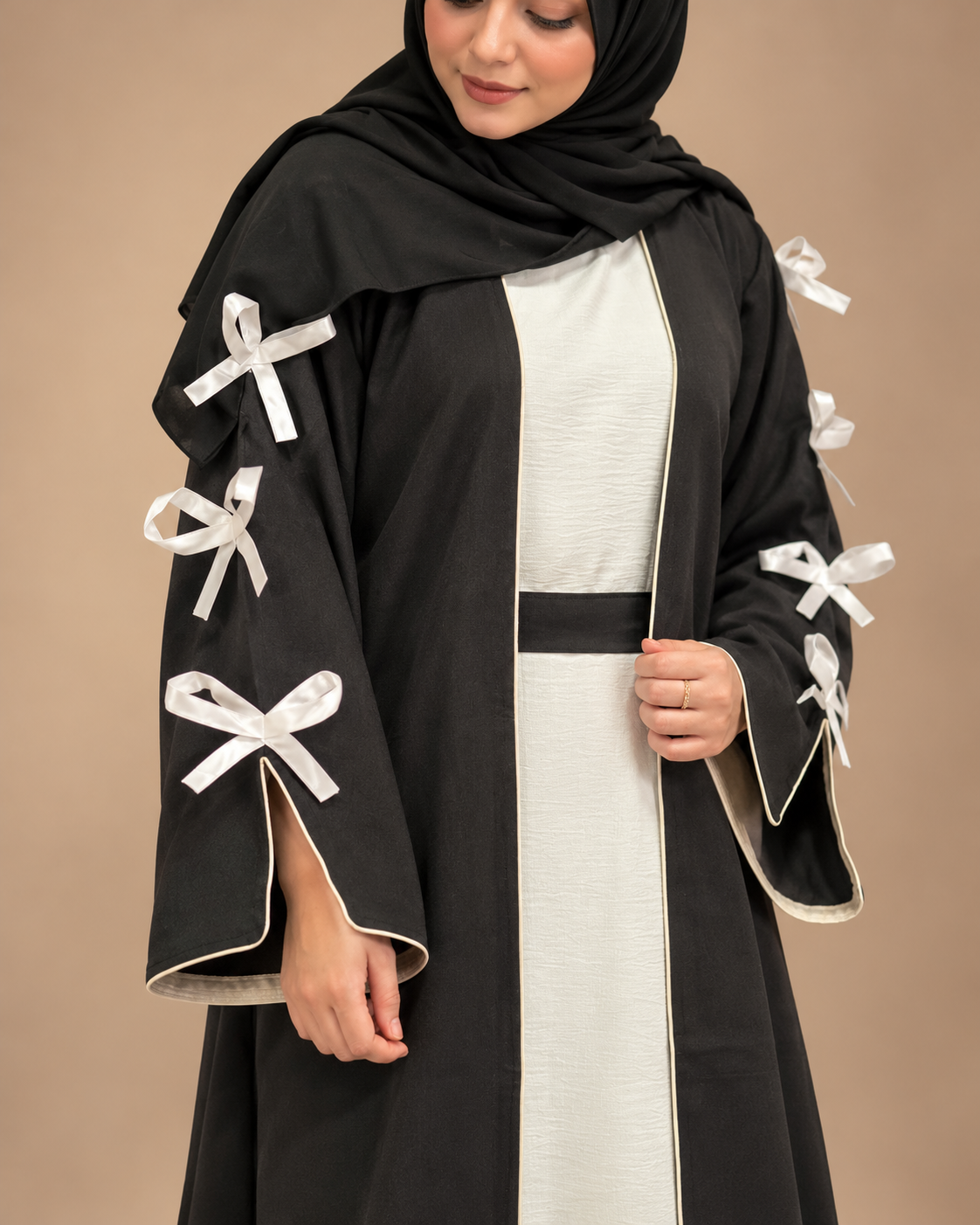 Elegant Black Linen Bow Abaya – Dubai Made