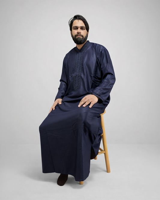 Men’s Moroccan Gabardine Caftan – Traditional Islamic Thobe | Premium Navy Blue Gandoura for Eid & Ramadan