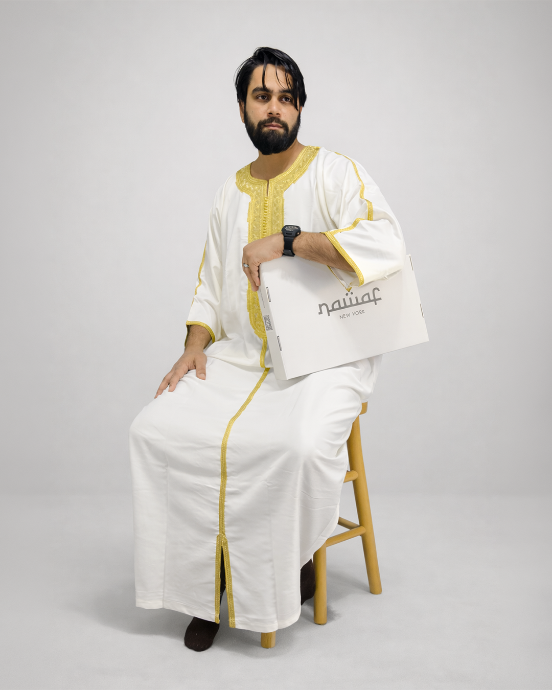 Men’s Moroccan Gandoura White with Gold Embroidery – Premium Gabardine Islamic Thobe for Eid