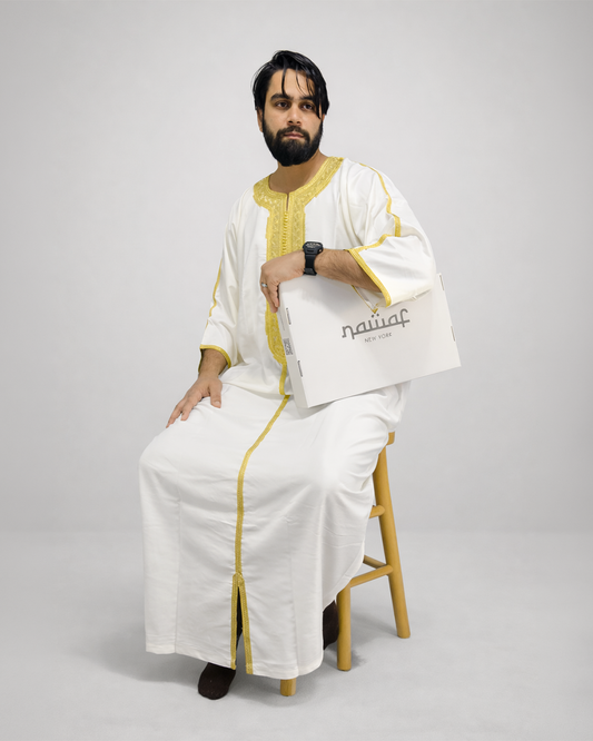 Men’s Moroccan Gandoura White with Gold Embroidery – Premium Gabardine Islamic Thobe for Eid