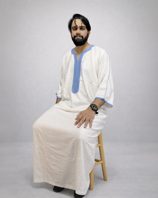 Men’s Moroccan Gandoura White with Blue Embroidery – Premium Gabardine Islamic Thobe for Eid & Ramadan