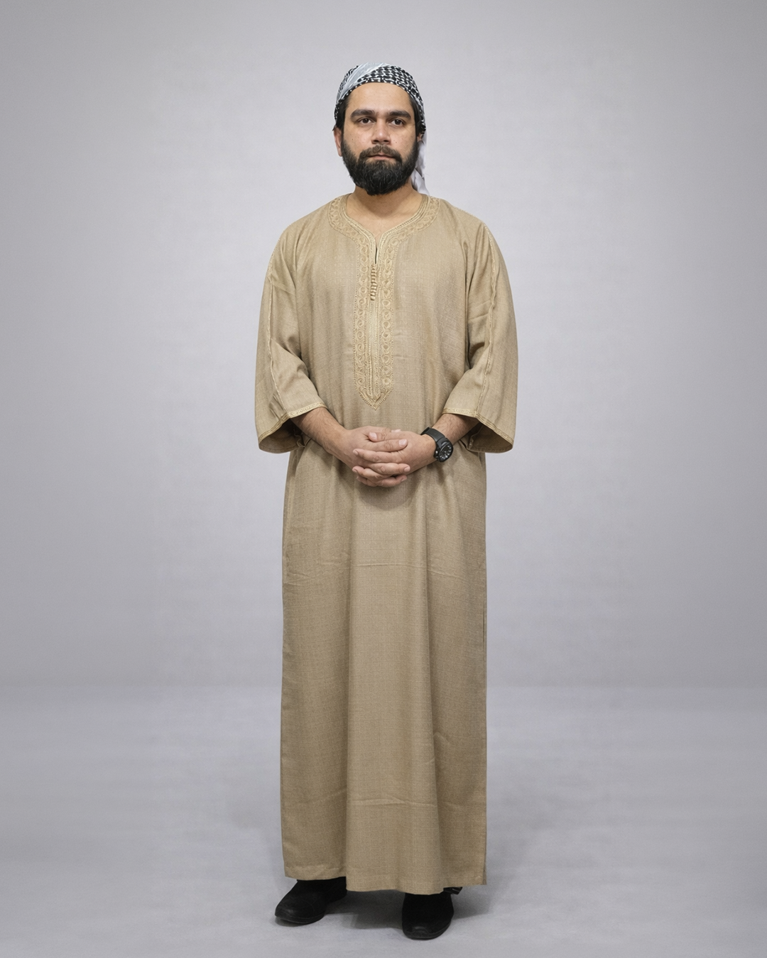 Men’s Moroccan Linen Gandoura – Traditional Islamic Thobe | Premium Beige Gandoura for Eid & Ramadan