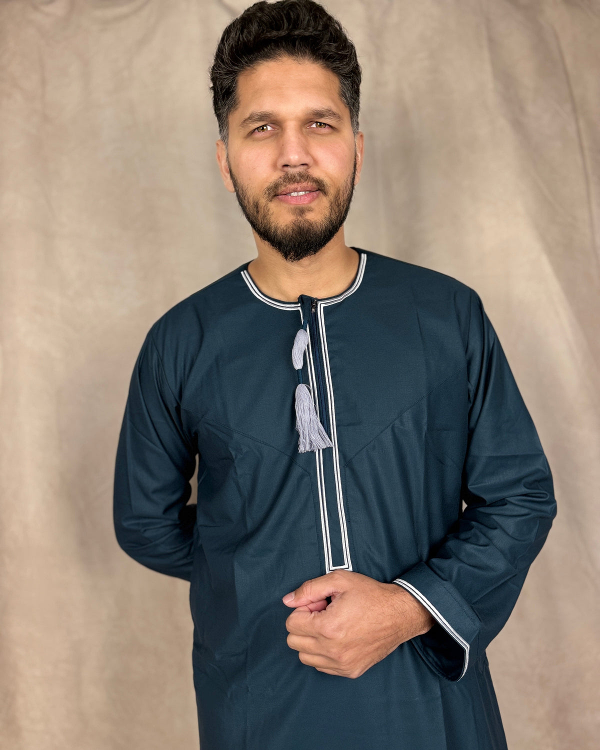 Classic Omani Style Thobe – Green with Black Tassel