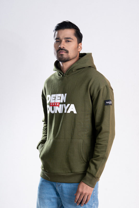 Olive “Deen Over Duniya” Islamic Hoodie – Unisex