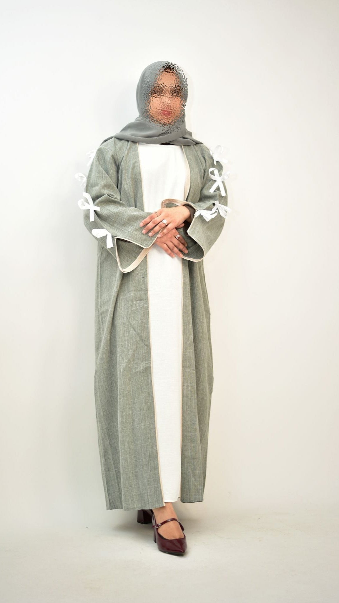 Elegant White Linen Bow Abaya – Dubai Made